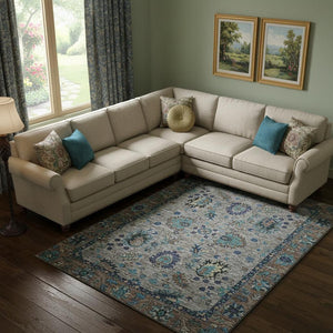 HomeRoots 9' X 12' Pewter and Teal Oriental Area Rug - Washable, UV-Protected, Ideal for Homes with Kids & Pets 717988