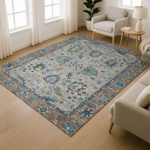 HomeRoots 9' X 12' Pewter and Teal Oriental Area Rug - Washable, UV-Protected, Ideal for Homes with Kids & Pets 717988