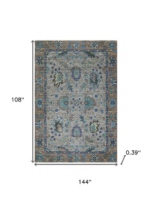 HomeRoots 10' X 14' Pewter and Teal Oriental Area Rug - Washable, UV Protected, Stain Resistant, Non-Slip Design 717989