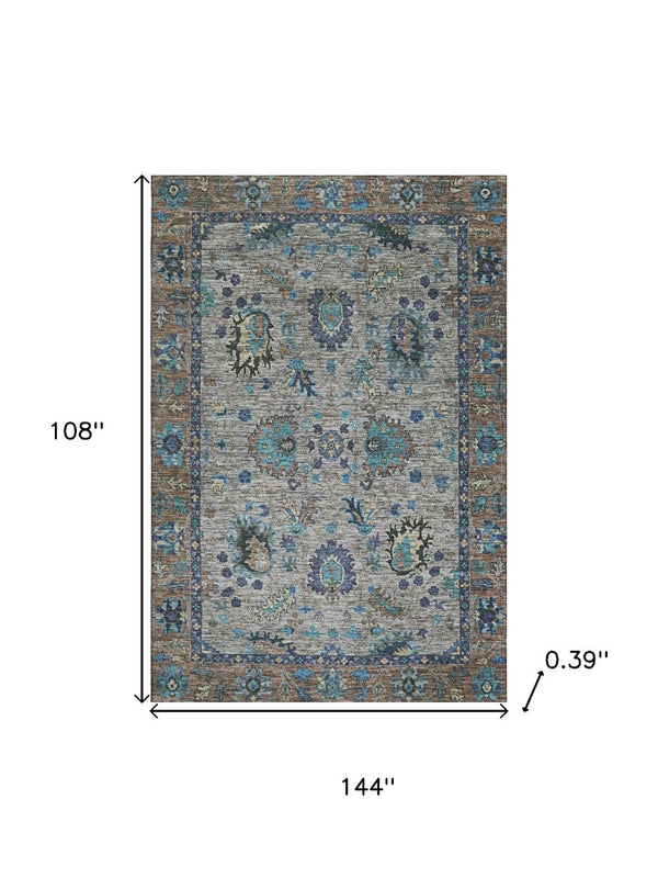 HomeRoots 10' X 14' Pewter and Teal Oriental Area Rug - Washable, UV Protected, Stain Resistant, Non-Slip Design 717989