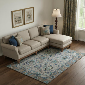 HomeRoots 10' X 14' Pewter and Teal Oriental Area Rug - Washable, UV Protected, Stain Resistant, Non-Slip Design 717989
