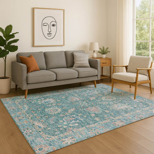 HomeRoots 5' X 8' Teal & Copper Oriental Area Rug - Washable, UV Protected, Stain Resistant for Modern Spaces 717991