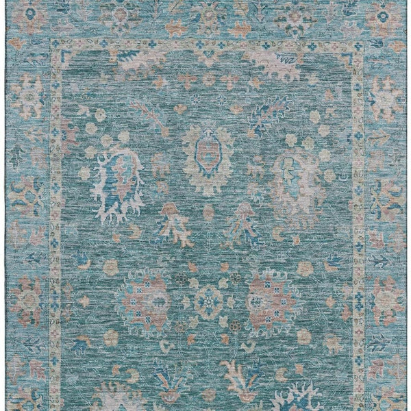 HomeRoots 5' X 8' Teal & Copper Oriental Area Rug - Washable, UV Protected, Stain Resistant for Modern Spaces 717991