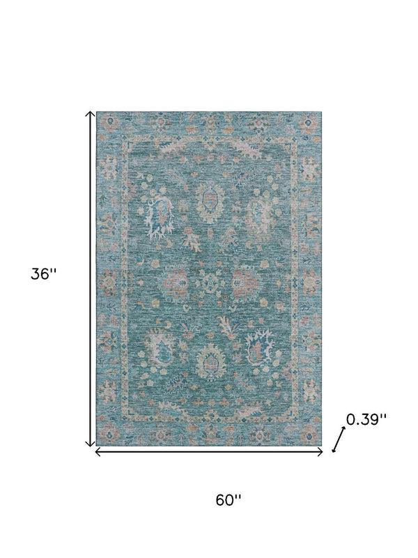 HomeRoots 5' X 8' Teal & Copper Oriental Area Rug - Washable, UV Protected, Stain Resistant for Modern Spaces 717991