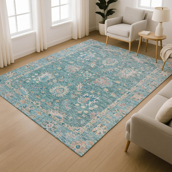 HomeRoots 5' X 8' Teal & Copper Oriental Area Rug - Washable, UV Protected, Stain Resistant for Modern Spaces 717991