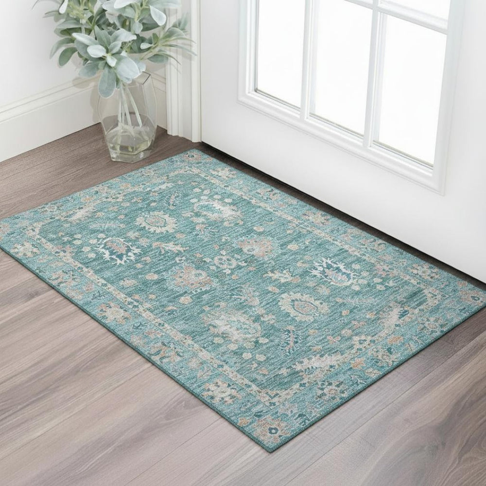 HomeRoots 5' X 8' Teal & Copper Oriental Area Rug - Washable, UV Protected, Stain Resistant for Modern Spaces 717991