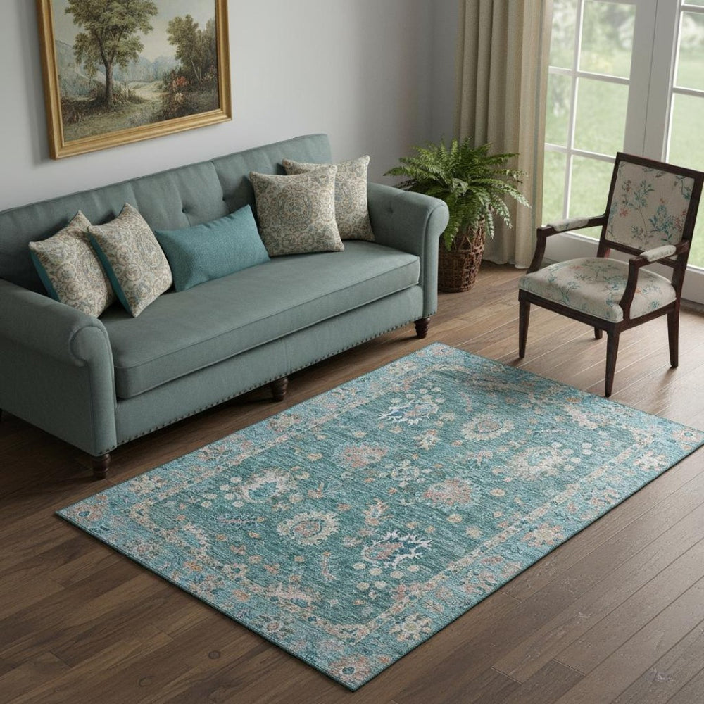 HomeRoots 8' Teal and Copper Oriental Round Rug - Washable, UV-Protected, Stain-Resistant for Busy Homes 717992