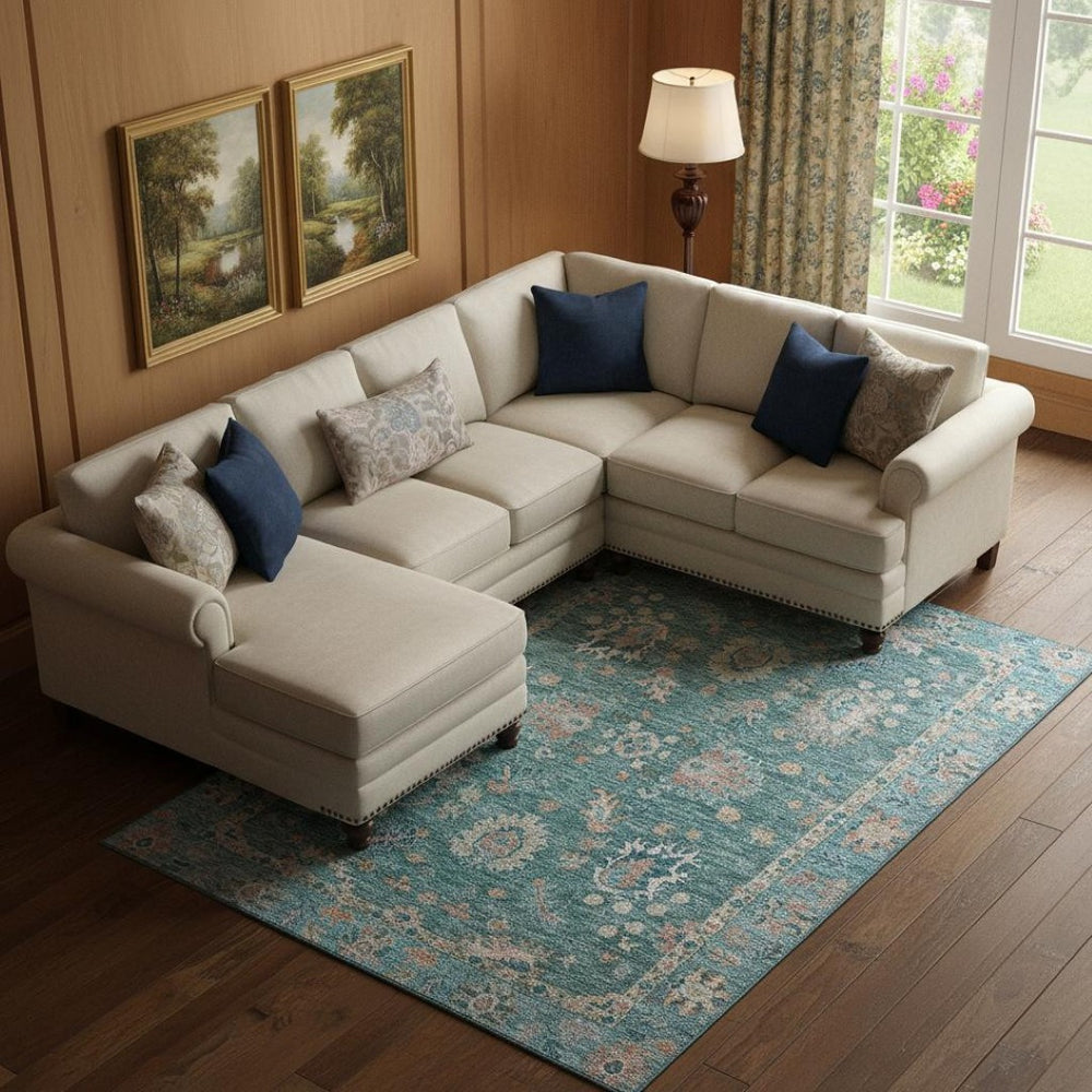 HomeRoots 10' X 14' Teal & Copper Oriental Area Rug - Durable, Washable, UV-Protected for High-Traffic Spaces 717995