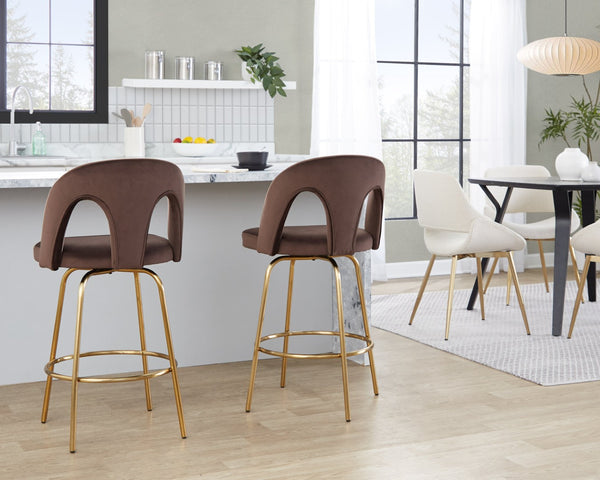 English Elm Fixed-height Swivel Counterstools with White Upholstery Gold Footrest Set of 2 Espresso B202S01789