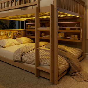 English Elm Full Over Bunk Bed with Led Lighting Pegboard Shelving and Pine Wood Frame Beige LT000278AAA