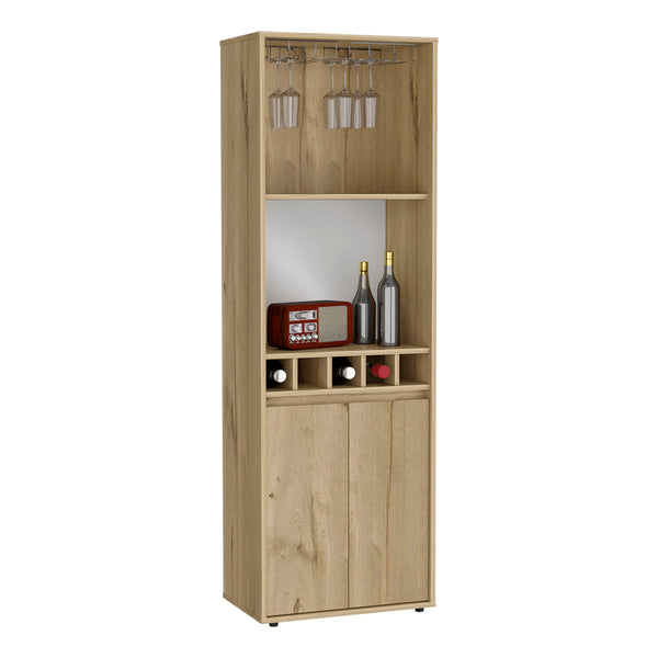 English Elm Bar Double Door Cabinet 70.8" High Light Oak Beige w/ 12-Glass Rack, 5 Bottle Cubbies & 2 Shelves B097S00154