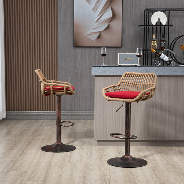 English Elm Modern Swivel Bar Stools Set of 2 Adjustable Counter Height Chairs with Linen Seat, Retro Rattan Back, 360° Rotation and Footrest, Vintage Gold Base, Durable Indoor/Outdoor Seating (Seat Height 25.6–33.9") Red W39594820
