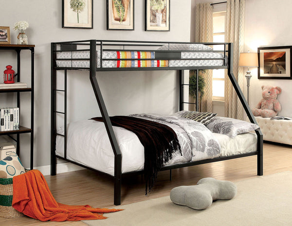 English Elm Black Metal Twin-Over-Queen Bunk Bed with Reinforced Rails, Attached Ladder and Extra Leg Support for Safety Black 81 L x 17 W x 6 H B2741S00377