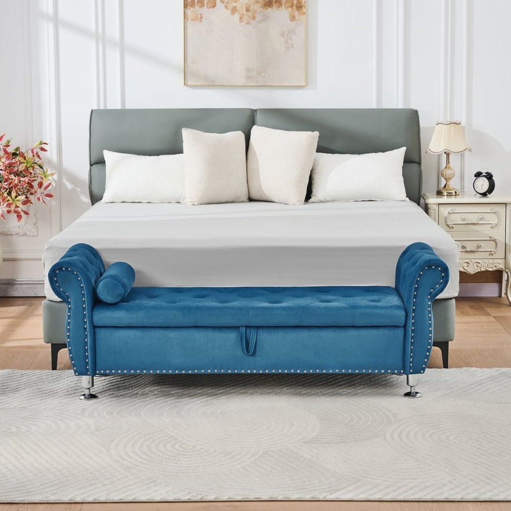 English Elm 62.2 Inch Velvet Tufted Storage Bench with Crystal Accents for Bedroom Glam Decor W288P399974