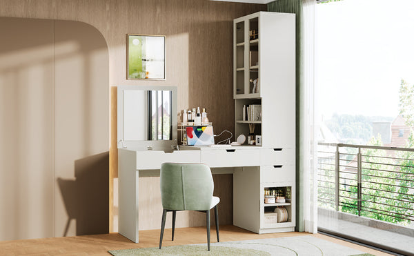 English Elm Versatile Makeup Vanity Desk with Mirror, Built-In Charging Station, 8 Hidden Storage Spaces, White N733S291664K