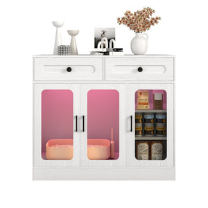 English Elm Cat Litter Box Cabinet with Glass Doors Led Light Drawers and Wood Grain Finish White N704P395520K