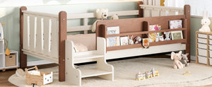 English Elm Twin Pine Floor Bed for Kids with Side Bookcases Built-in Stairs and Safety Guardrails Beige W1580P390214