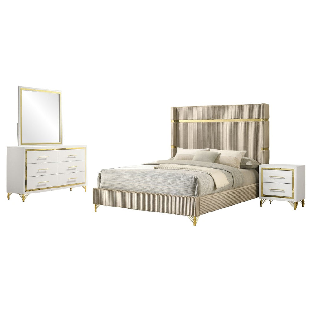 English Elm Malcolm Queen Bedroom Set Velvet Wingback Bed Chrome Accents Glam Suite Beige+White B062S01748
