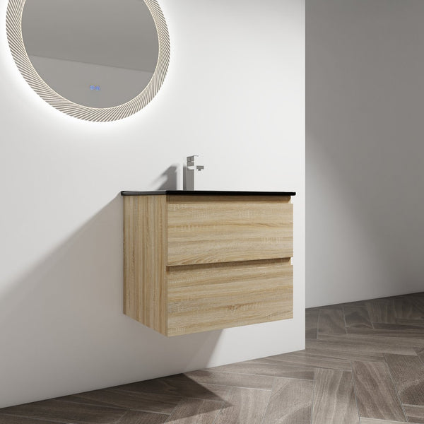 English Elm 24" Wall-Mounted Bathroom Vanity With Black Sink, 2 Soft-Close Drawers - Ideal For Compact Spaces! W999S00192