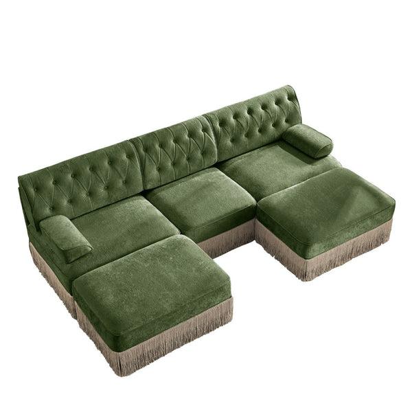 English Elm U Shaped Velvet Chesterfield Sectional with Tufting Tassel Fringe Skirt Modular Living Room Sofa Green W714S01708
