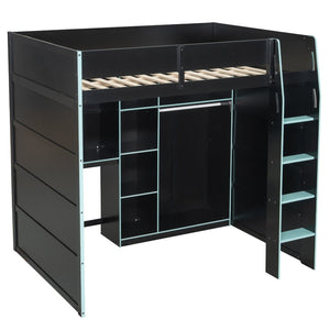 English Elm Full Size Loft Bed with Rgb Lighting Desk Open Wardrobe and Storage for Gaming Rooms Blue LT000277AAC