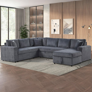 English Elm Corduroy Ultra-Soft Sleeper Sectional Sofa with Right-Facing Storage Chaise and Removable Throw Pillows, Gray Plush B016S00050