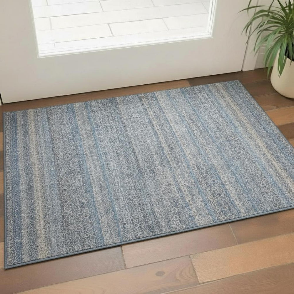 HomeRoots 5' Blue & Beige Striped Area Rug – Washable, UV-Protected, Stain-Resistant for Busy Homes & Pets 718003