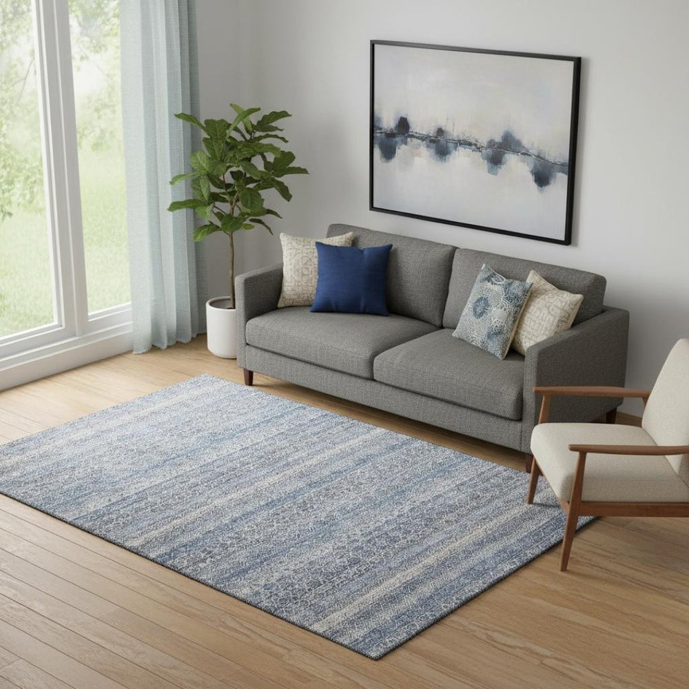 HomeRoots 8' Blue And Beige Striped Round Rug - Washable, Stain Resistant, UV Protected for High-Traffic Areas 718004