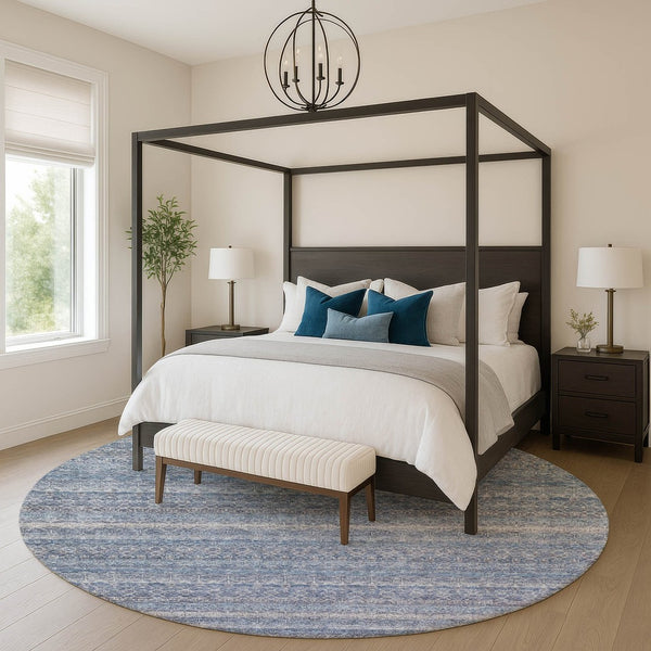 HomeRoots 8' X 10' Striped Washable Area Rug - Blue & Beige, UV Protected, Kid & Pet-Friendly, Durable Design 718005