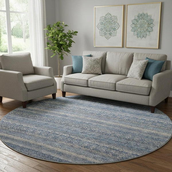 HomeRoots 8' X 10' Striped Washable Area Rug - Blue & Beige, UV Protected, Kid & Pet-Friendly, Durable Design 718005