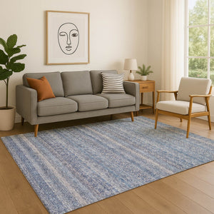 HomeRoots 9' X 12' Striped Area Rug in Blue & Beige - Washable, UV-Protected, Durable for Homes with Kids & Pets 718006