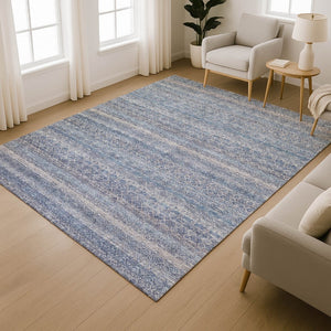 HomeRoots 9' X 12' Striped Area Rug in Blue & Beige - Washable, UV-Protected, Durable for Homes with Kids & Pets 718006