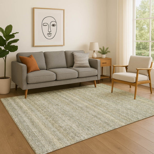 HomeRoots 10' X 14' Linen & Beige Striped Area Rug - Stain-Resistant, Machine-Washable with UV Protection 718025