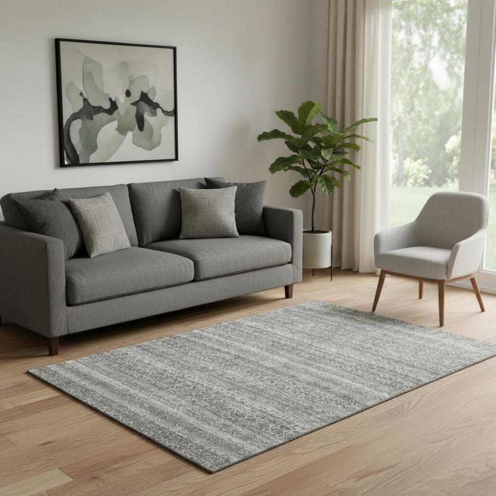 HomeRoots 8' Stylish Pewter and Gray Striped Round Rug - Washable, Durable, UV Protected for High-Traffic Areas 718028