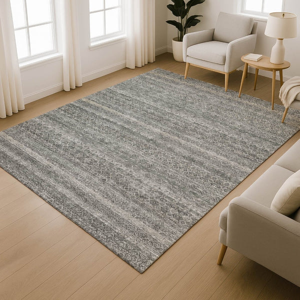 HomeRoots 9' X 12' Pewter Gray Striped Area Rug – Stylish, Durable, Washable & UV Protected for Busy Homes 718030