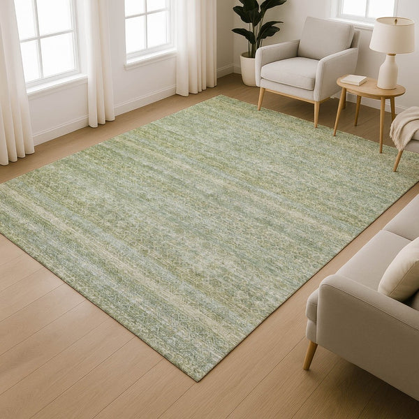 HomeRoots 8' Sage and Gray Striped Round Rug - Washable, UV Protected, Durable, Perfect for High-Traffic Areas 718034