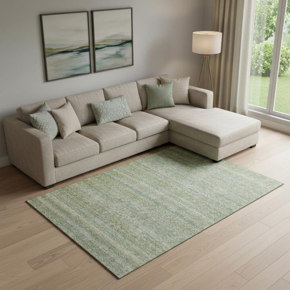 HomeRoots 9' X 12' Sage and Gray Striped Washable Area Rug - Durable, UV-Protected, Perfect for Family Spaces! 718036