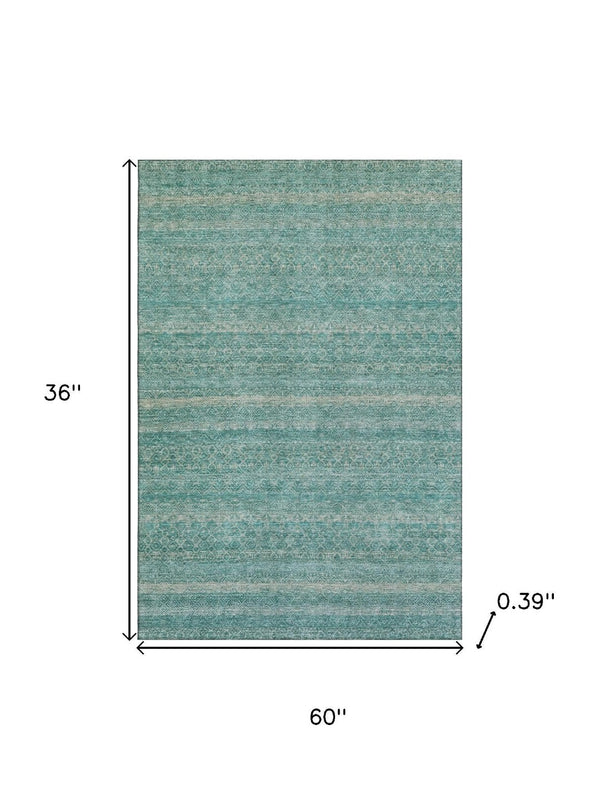 HomeRoots 5' X 8' Stylish Teal and Beige Striped Area Rug - Washable, UV Protected & Perfect for Busy Homes! 718039