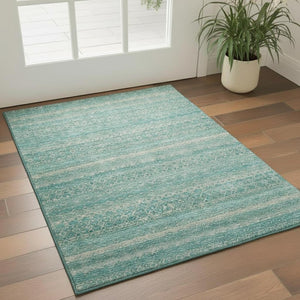 HomeRoots 5' X 8' Stylish Teal and Beige Striped Area Rug - Washable, UV Protected & Perfect for Busy Homes! 718039