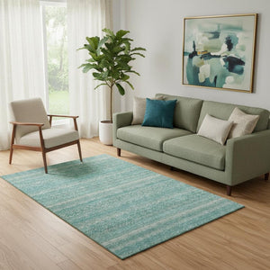 HomeRoots 8' Teal and Beige Striped Washable Round Rug - UV Protected, Stain-Resistant, Perfect for High-Traffic Areas 718040