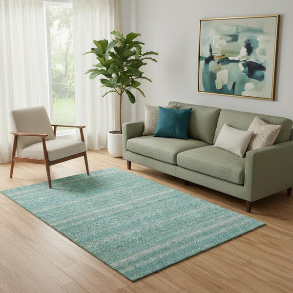 HomeRoots 8' Teal and Beige Striped Washable Round Rug - UV Protected, Stain-Resistant, Perfect for High-Traffic Areas 718040
