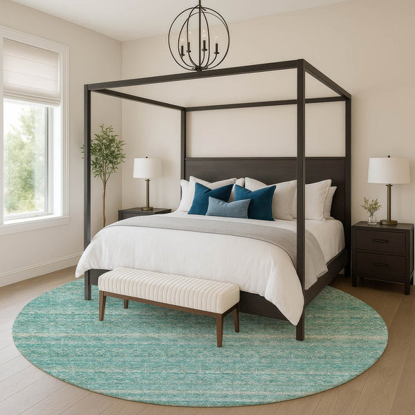 HomeRoots 8' X 10' Coastal-Inspired Teal & Beige Striped Area Rug – Machine Washable & UV Protected Luxury Decor 718041