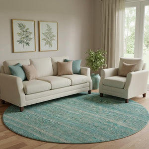 HomeRoots 8' X 10' Coastal-Inspired Teal & Beige Striped Area Rug – Machine Washable & UV Protected Luxury Decor 718041