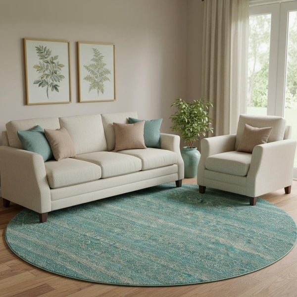 HomeRoots 8' X 10' Coastal-Inspired Teal & Beige Striped Area Rug – Machine Washable & UV Protected Luxury Decor 718041