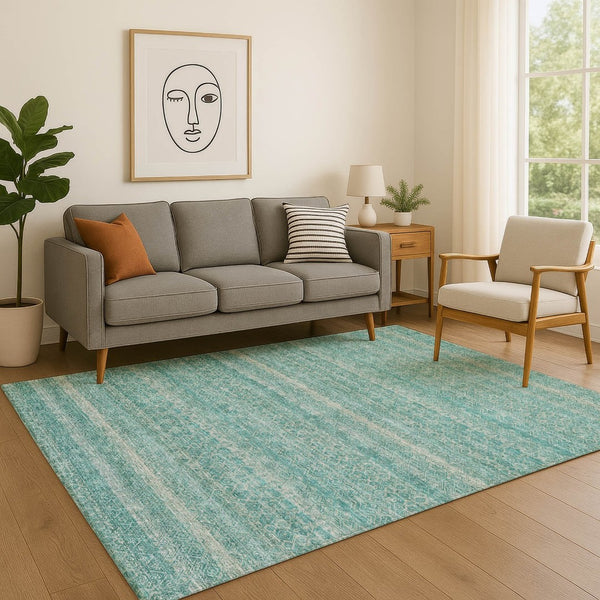 HomeRoots 9' X 12' Teal and Beige Striped Washable Area Rug - Durable, UV-Protected, Perfect for Busy Homes! 718042