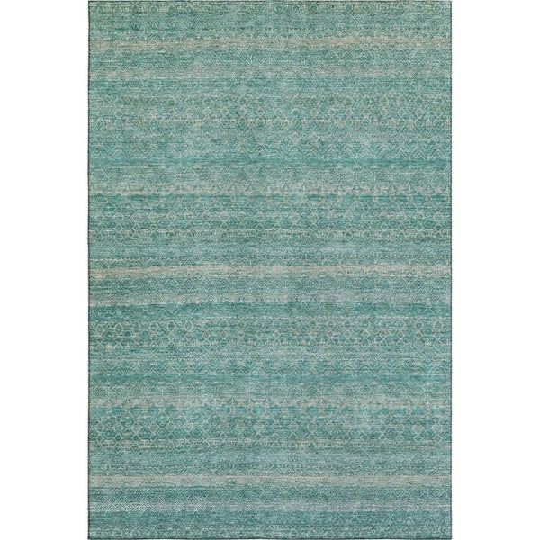 HomeRoots 9' X 12' Teal and Beige Striped Washable Area Rug - Durable, UV-Protected, Perfect for Busy Homes! 718042