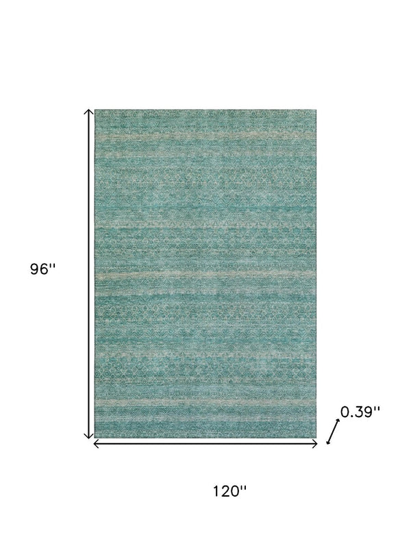 HomeRoots 9' X 12' Teal and Beige Striped Washable Area Rug - Durable, UV-Protected, Perfect for Busy Homes! 718042