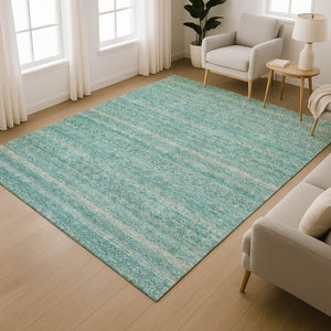 HomeRoots 9' X 12' Teal and Beige Striped Washable Area Rug - Durable, UV-Protected, Perfect for Busy Homes! 718042