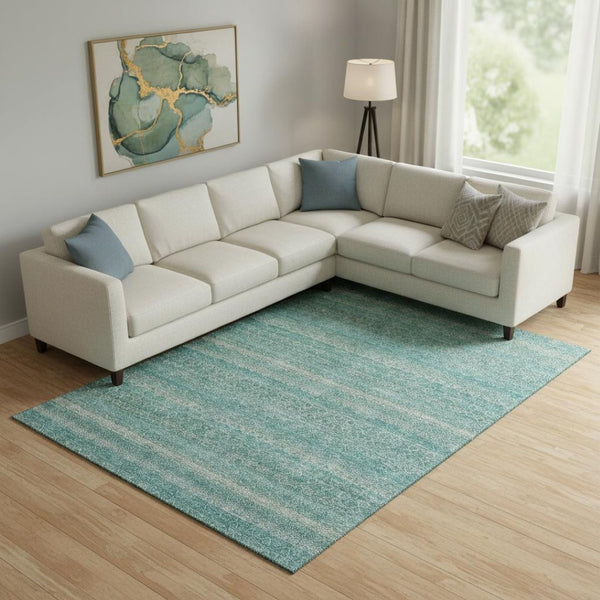 HomeRoots 9' X 12' Teal and Beige Striped Washable Area Rug - Durable, UV-Protected, Perfect for Busy Homes! 718042