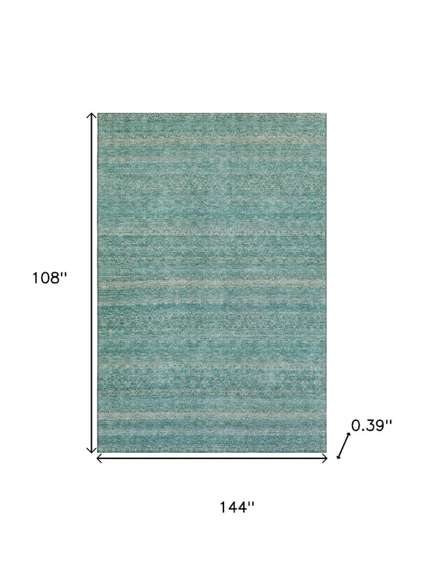 HomeRoots 10' X 14' Teal and Beige Striped Area Rug – Durable, Washable, UV-Protected for Everyday Living Spaces 718043